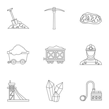 Kömür madenciliği Icons set, anahat stili