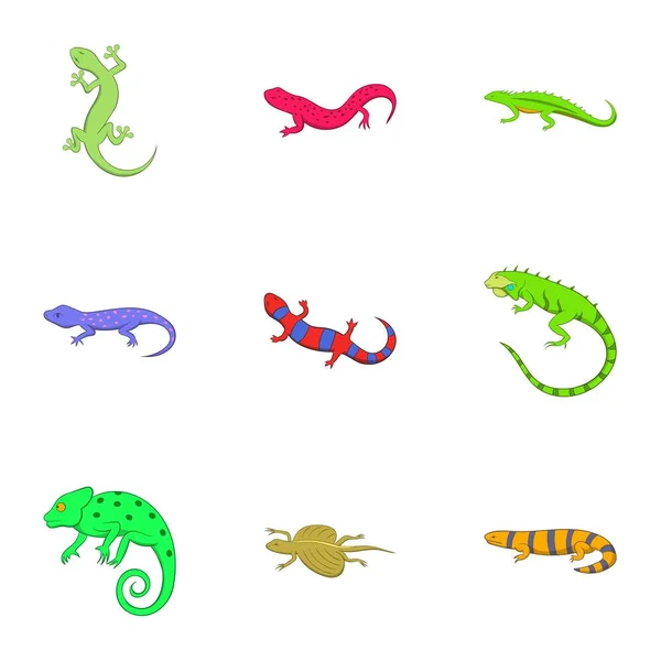 Diferentes tipos de lagartos iconos conjunto, estilo de dibujos animados — Vector de stock