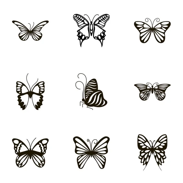 Conjunto de iconos de mariposa en blanco y negro, estilo de dibujos animados — Vector de stock