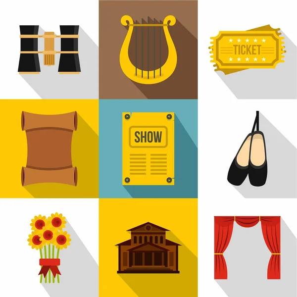 Conjunto de iconos de teatro, estilo plano — Vector de stock