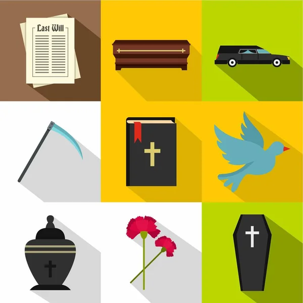 Conjunto de iconos funerarios, estilo plano — Vector de stock