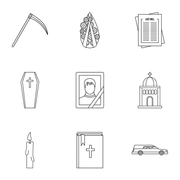 Funeral icons set, outline style — Stock Vector