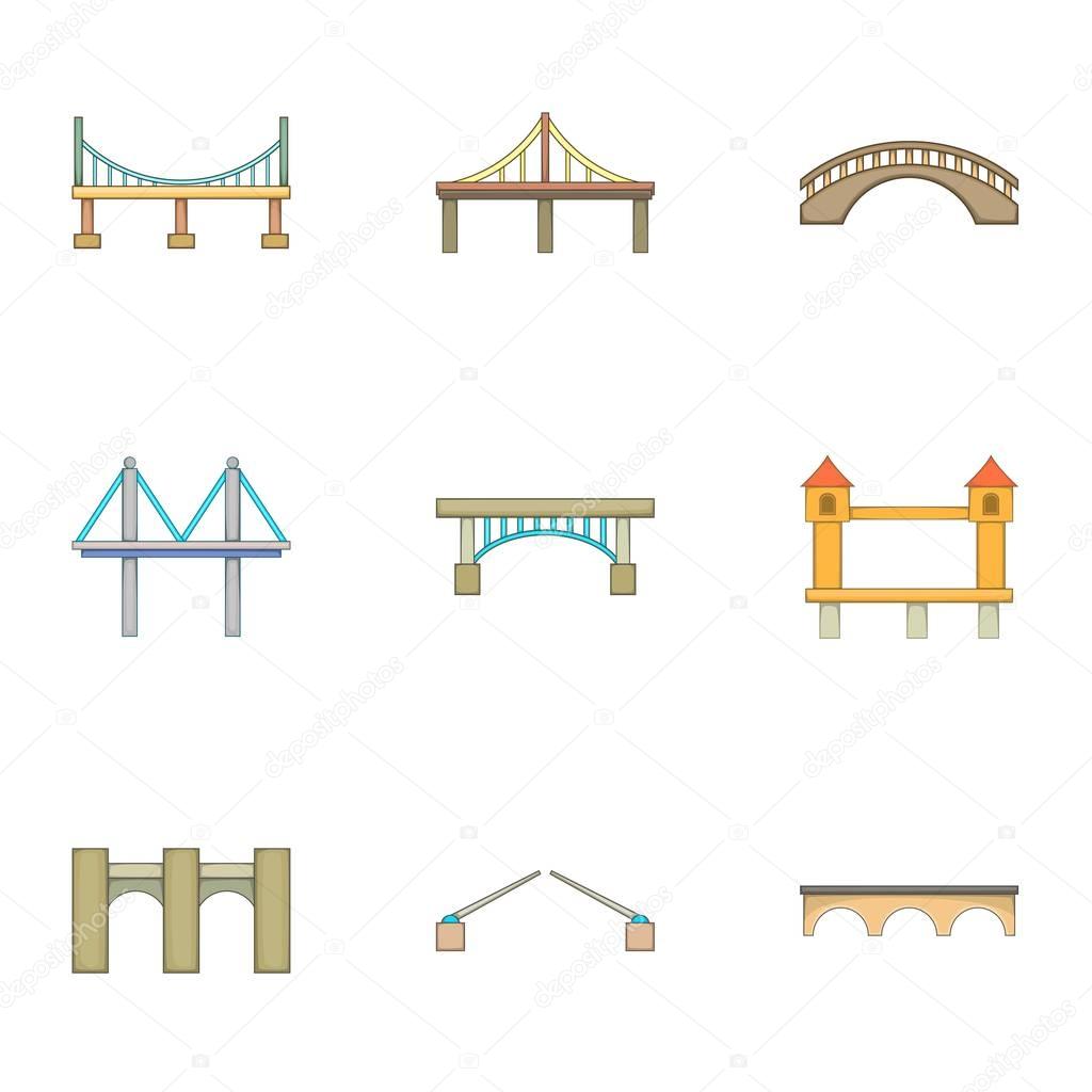 Various types of bridges icons set, cartoon style