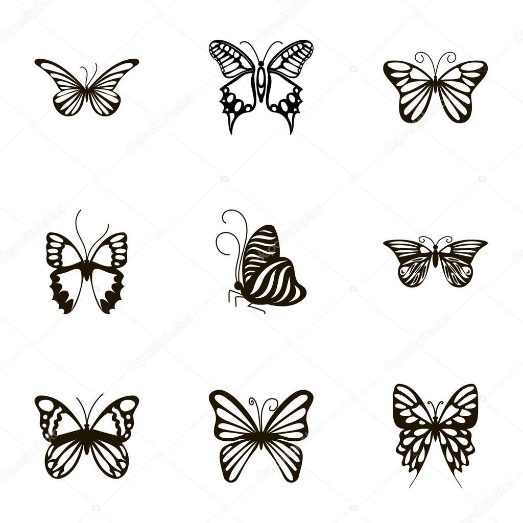 Schwarz / weiß Schmetterling Icons Set, Cartoon-Stil — Stockvektor