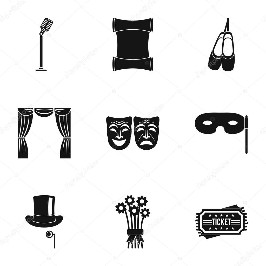 Theatrical performance icons set, simple style