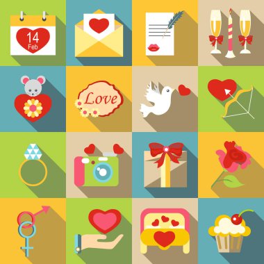 Saint Valentine Icons set, düz stil semboller