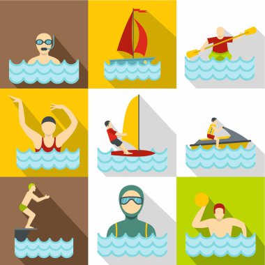 Su spor Icons set, düz stil