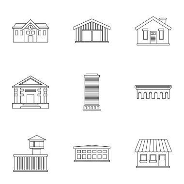 Şehir Kamusal binalar Icons set, anahat stili