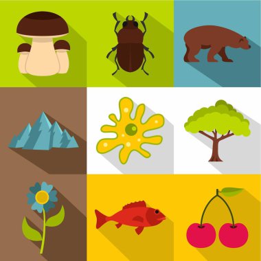 Flora ve fauna Icons set, düz stil