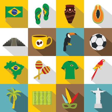 Brazil travel symbols icons set, flat style clipart