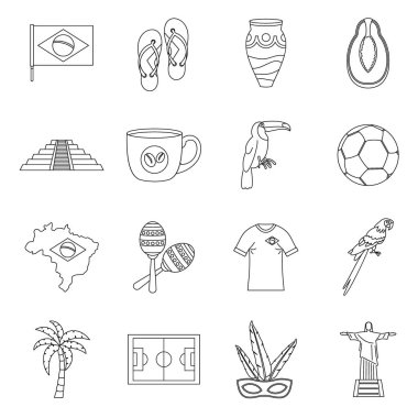 Brezilya seyahat sembolleri Icons set, anahat stili