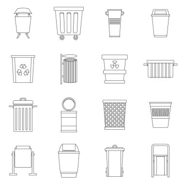Çöp konteyner Icons set, anahat stili
