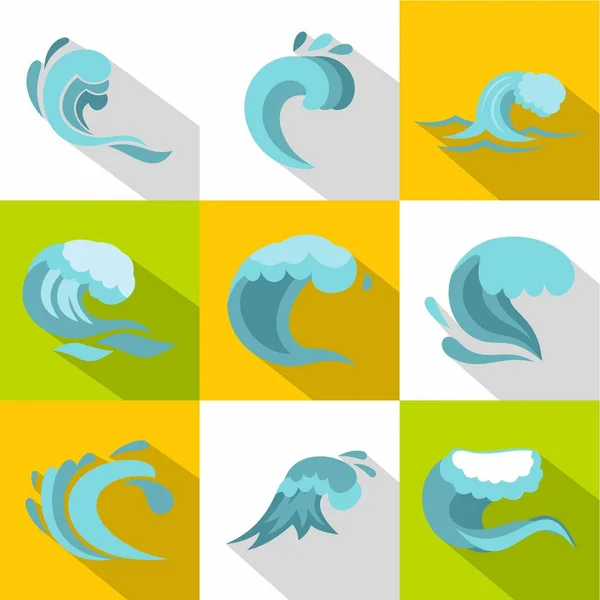 Conjunto de iconos de ondas oceánicas, estilo plano — Vector de stock