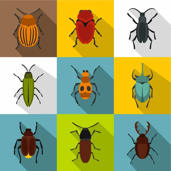 Owadów chrząszcze zestaw ikon, płaski — Wektor stockowy