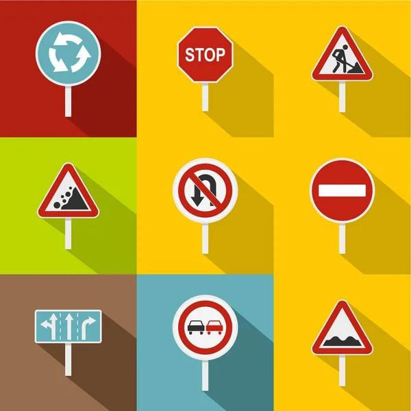 Набор значков дорожных знаков, плоский стиль — стоковый вектор