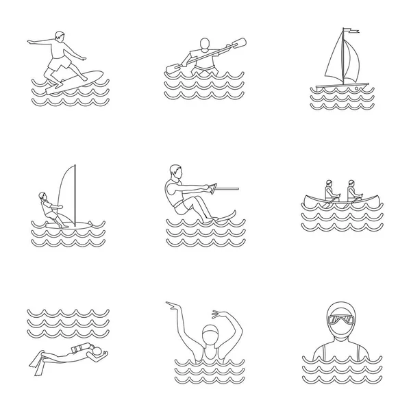 Conjunto de ícones ativos do esporte da água, estilo do esboço — Vetor de Stock