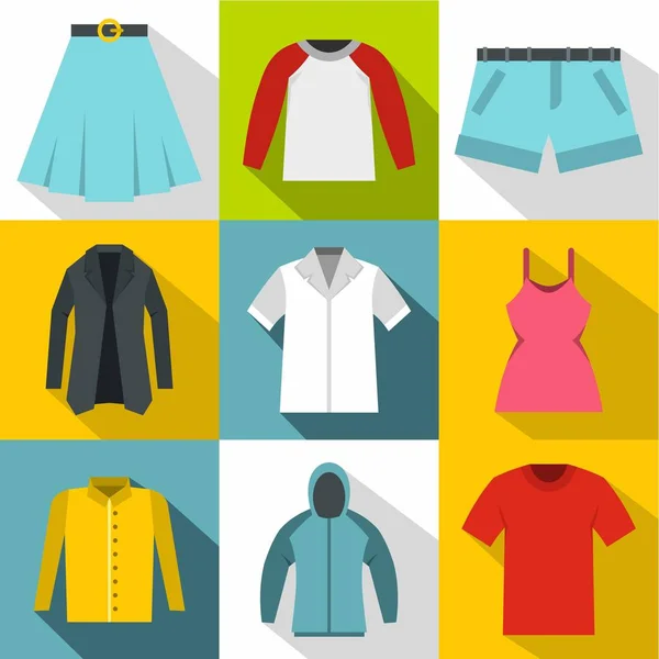 Tipo de conjunto de iconos de ropa, estilo plano — Vector de stock
