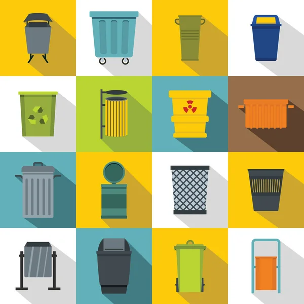 Garbage Container Icons Set, flacher Stil — Stockvektor