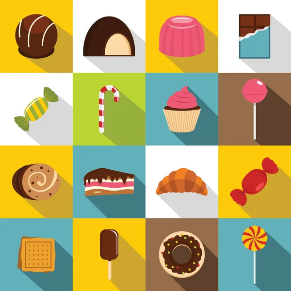 Süßigkeiten und Bonbons Ikonen Set, flacher Stil — Stockvektor