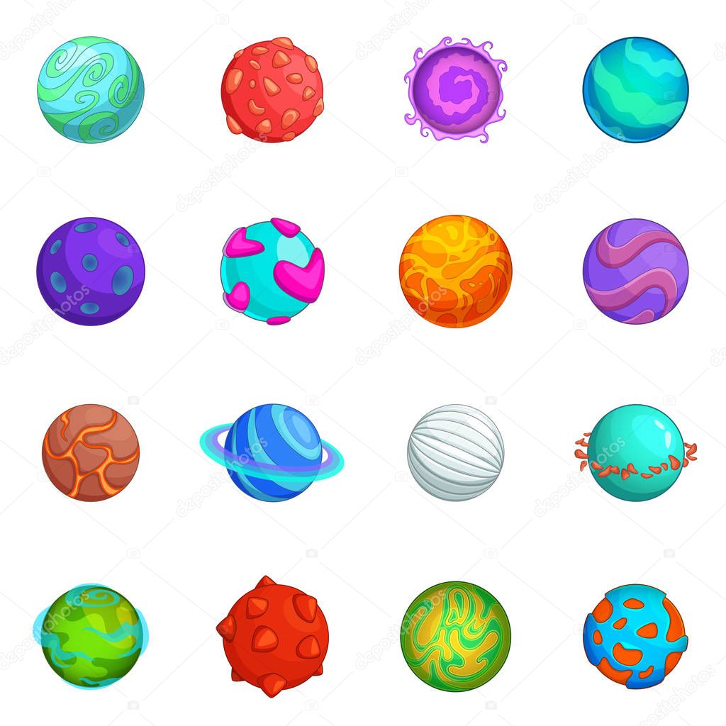 Fantastic planets icons set. Cartoon illustration of 16 fantastic planets vector icons for web
