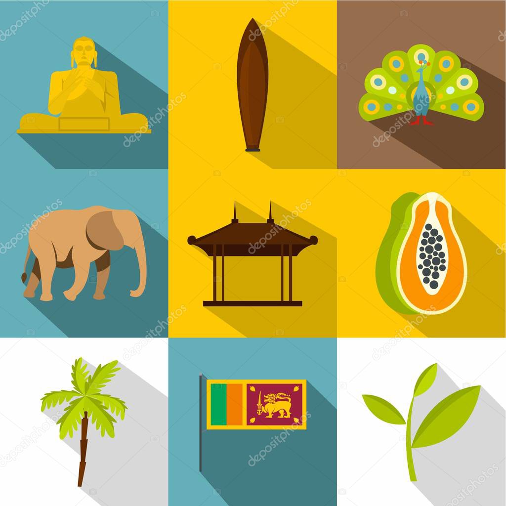 Attractions of Sri Lanka icons set, flat style