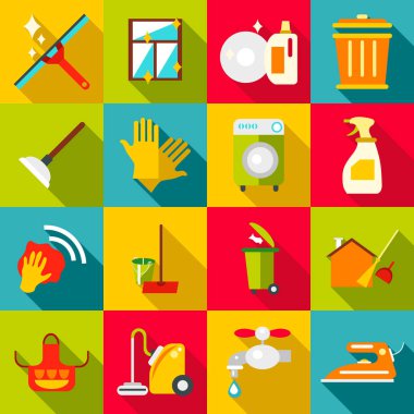 Cleaning items icons set, flat style clipart