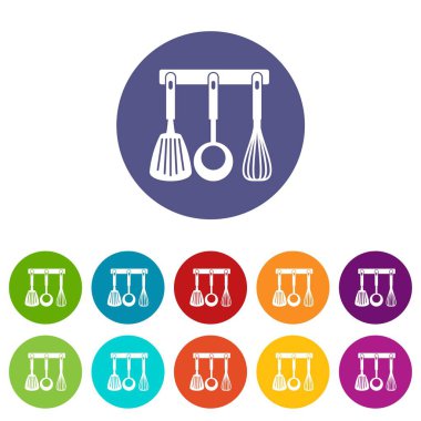 Spatula, pota ve çırpma teli, mutfak aletleri Icons set