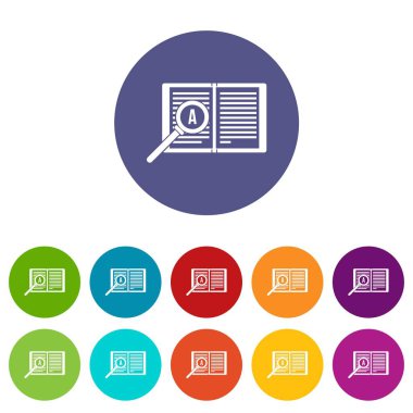 Büyüteç camı açık kitap üzerine Icons set