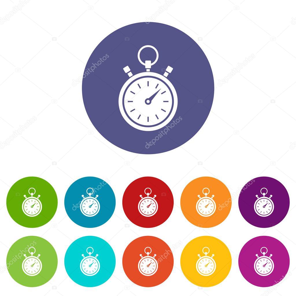 Stopwatch set icons in different colors isolated on white background