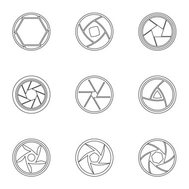 Diyafram photocamera Icons set, anahat stili
