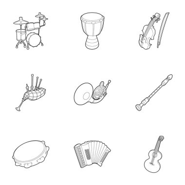 Müzik araçları Icons set, anahat stili