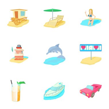 Miami Icons set, karikatür tarzı tatil