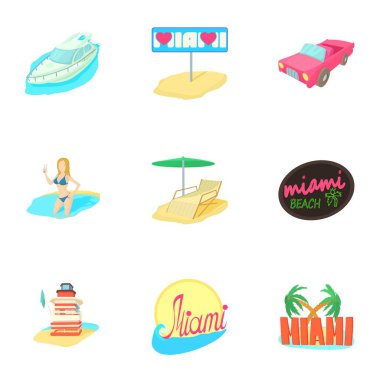 Miami Icons set, karikatür tarzı turizm