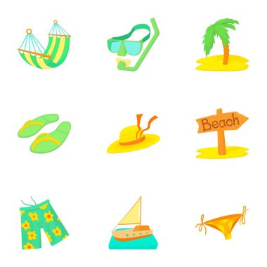 Deniz Icons set, karikatür tarzı turizm