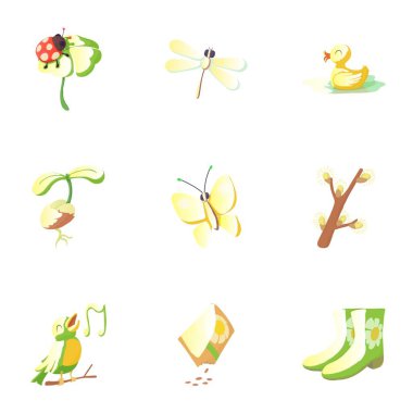 Yıl Bahar Icons set, karikatür tarzı sezon