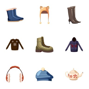 Sıcak giysiler Icons set, karikatür tarzı
