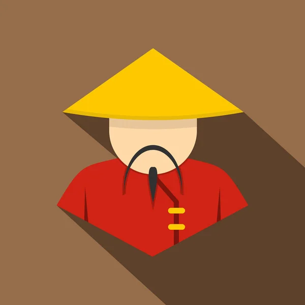 Ázsiai ember ikon-ban kúpos, szalma kalap, lapos stílusú — Stock Vector