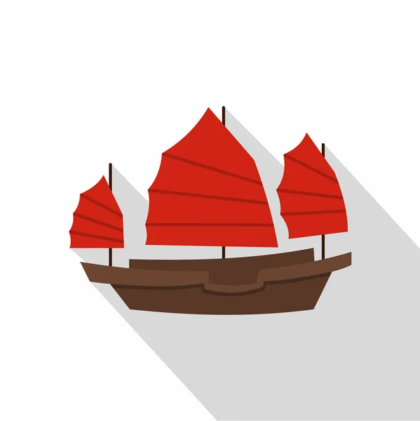 Chinese boat with red sails icon, flat style — Stock Vector