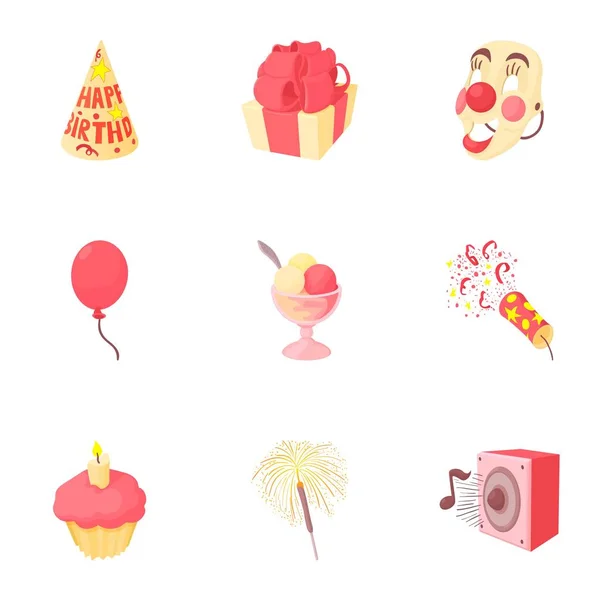 Conjunto de iconos de fiesta de cumpleaños, estilo de dibujos animados — Vector de stock