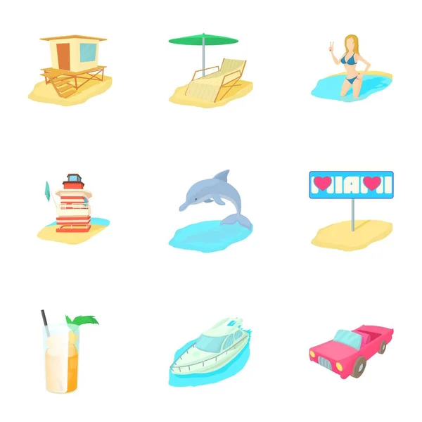 Conjunto de iconos de vacaciones en Miami, estilo de dibujos animados — Vector de stock