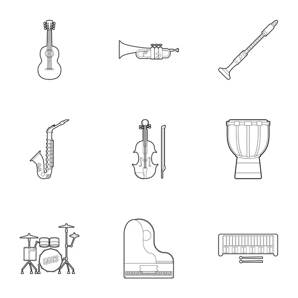 Hudební nástroje ikony set, styl osnovy — Stockový vektor