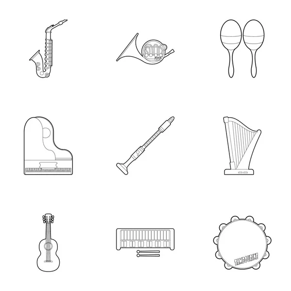 Nástroje pro hudební ikony set, styl osnovy — Stockový vektor