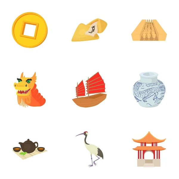 Conjunto de iconos de Turismo en China, estilo de dibujos animados — Vector de stock