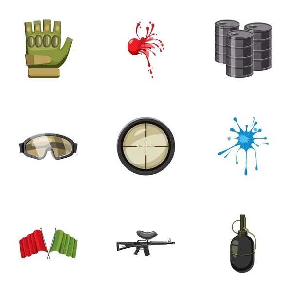Conjunto de iconos de paintball de competición, estilo de dibujos animados — Vector de stock