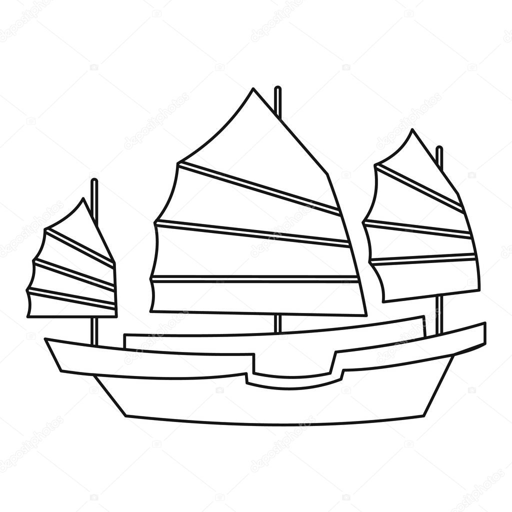 Chinese wooden sailing ship icon, outline style