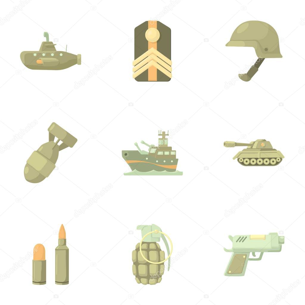 Army weapons icons set, cartoon style