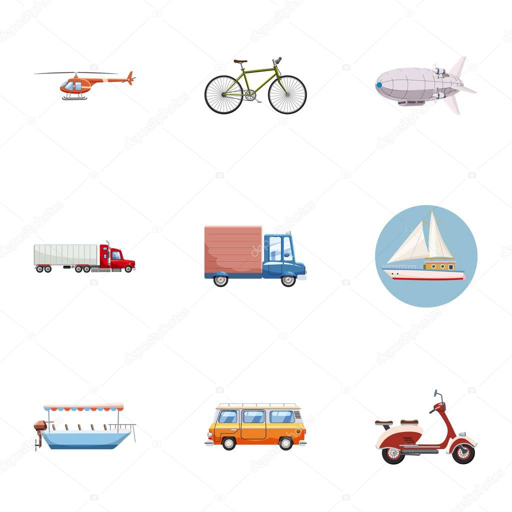 Types of transport icons set, cartoon style
