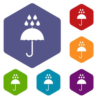 Şemsiye ve yağmur damlaları Icons set