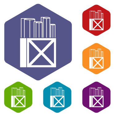 Bir ahşap kutu Icons set beyaz kağıt ve rulo