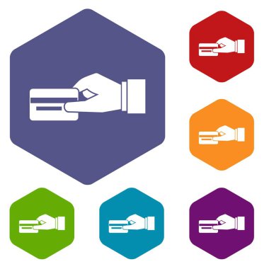 Bir kredi kartı Icons set tutan el